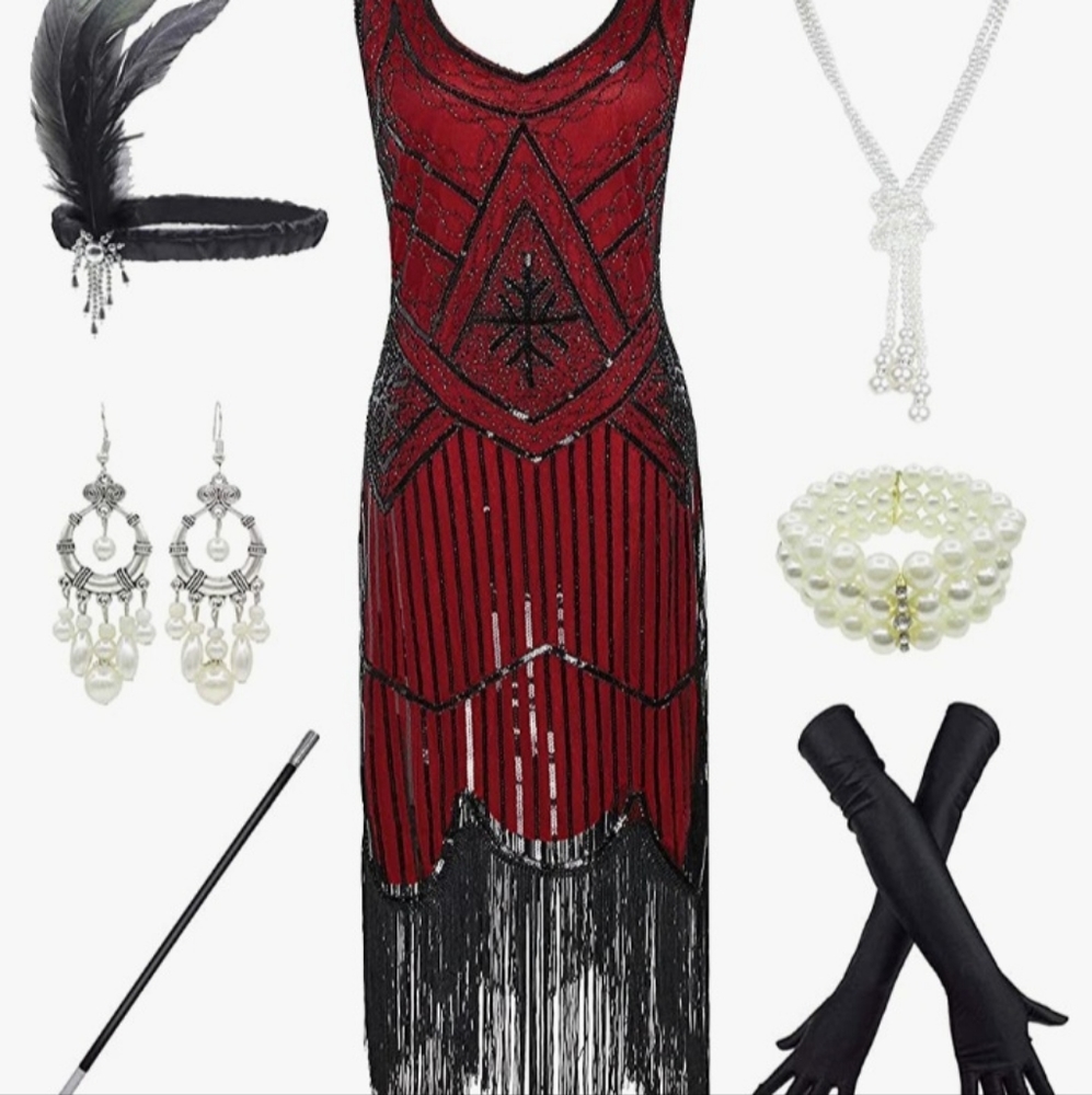 Vintage-Inspired Red Fringe Flapper Dress with Black Beaded Detail